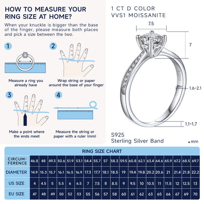 14K White Gold Plated Lab-Grown Diamond Solitaire Engagement Ring 1 Carat D Color VVS1 Moissanite Promise Rings for Women Size6.5