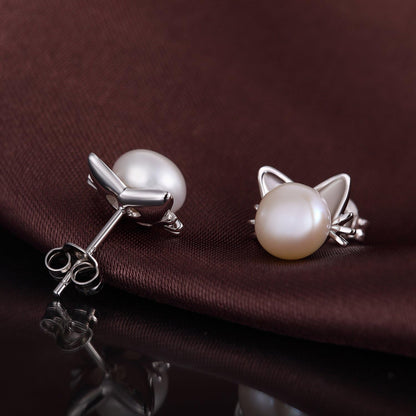 18K White Gold Plated Cat Pearl Stud Earrings for Women 925 Sterling Silver Cat Earrings Freshwater Pearl Cat Stud Earrings Pearl Jewelry 7.5MM-8MM
