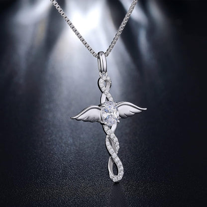 18K White Gold Plated Angel Wing Cross Necklace for Women 925 Sterling Silver Infinity Cross Pendant with Birthstone, Cross Jewelry Gift for Women with Gift Box