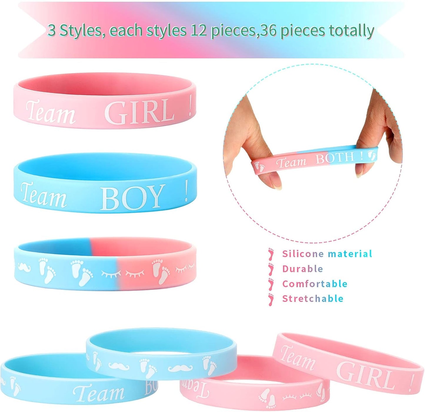 30 Pieces Gender Reveal Bracelets, Team Boy Silicone Wristbands Team Girl Gender Reveal Party Bracelets Team Both Rubber Wristband for Baby Shower Gender Reveal Party Favor Supplies (Delicate Color)