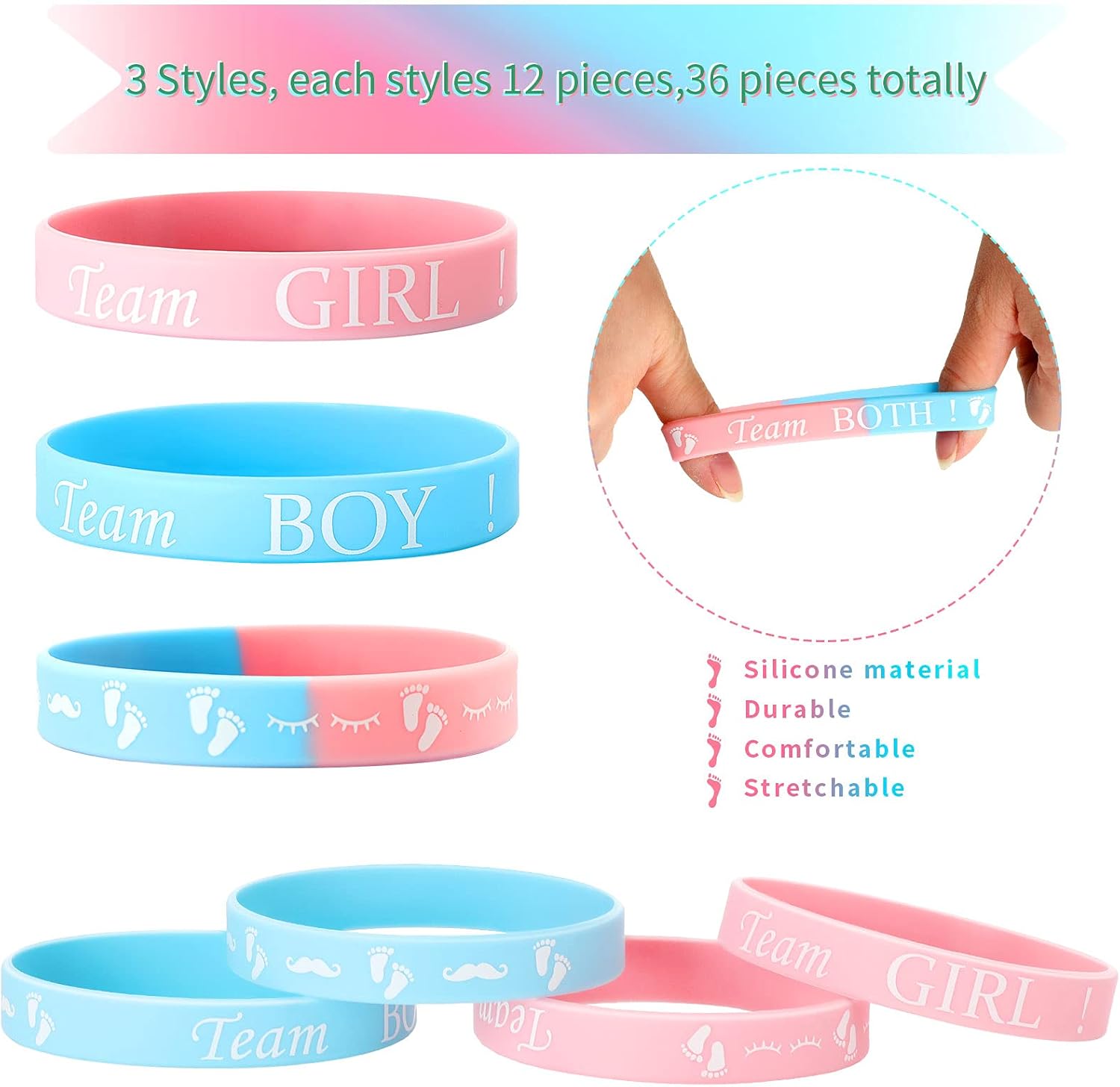 30 Pieces Gender Reveal Bracelets, Team Boy Silicone Wristbands Team Girl Gender Reveal Party Bracelets Team Both Rubber Wristband for Baby Shower Gender Reveal Party Favor Supplies (Delicate Color)