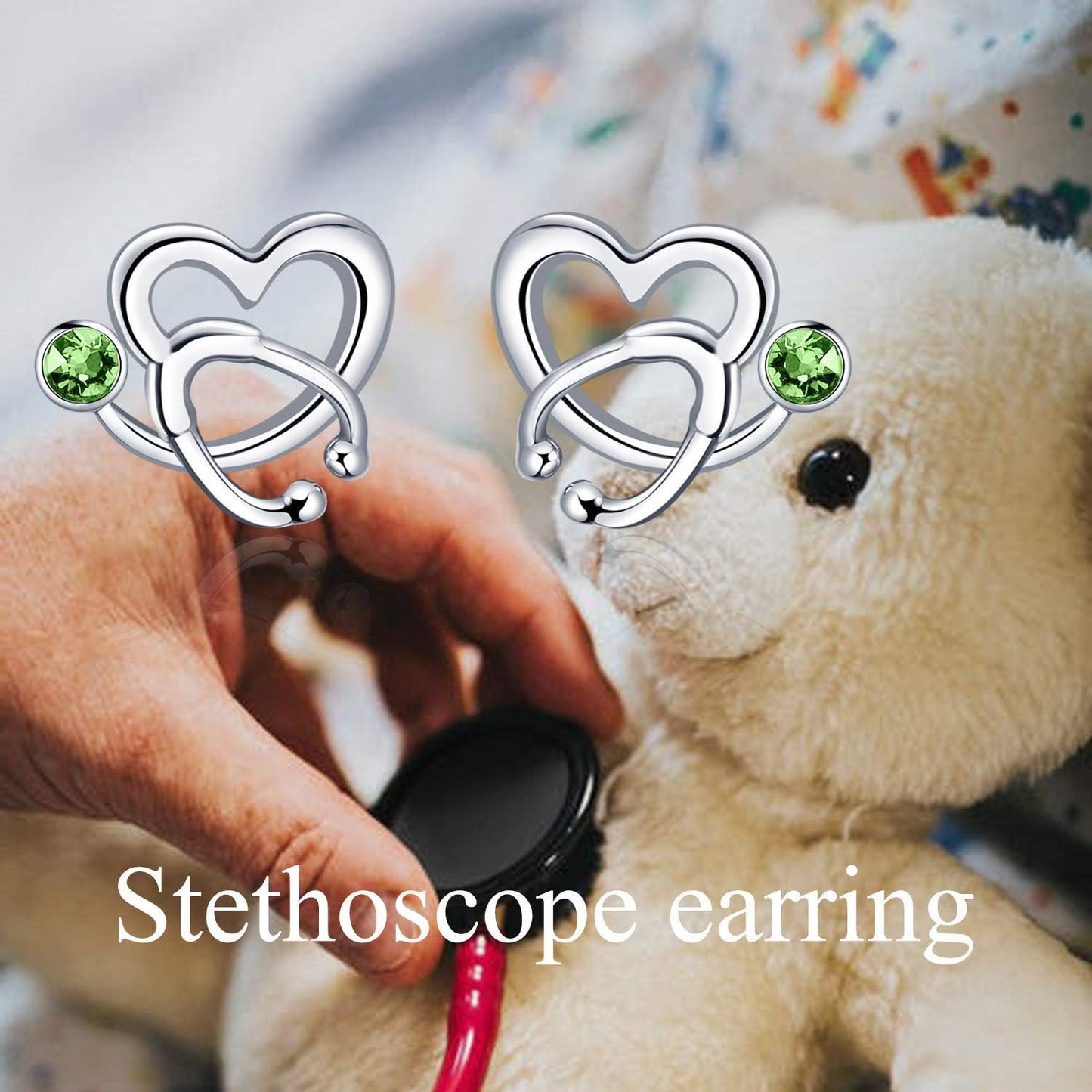 Nurse Earrings 925 Sterling Silver Stethoscope Studs Earrings Simulated 12 Months Birthstone Crystal from Austria, Graduation Jewelry Gifts for Nurse Doctor RN Medical Student