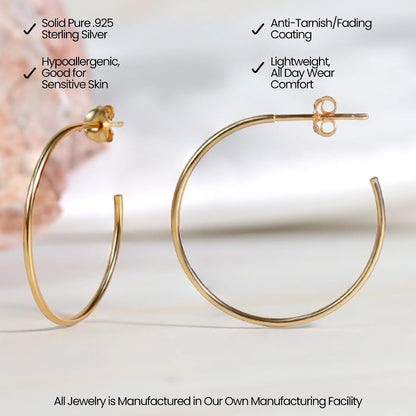 Gold Thin C-Hoop Earrings– 925 Sterling Silver, 25mm