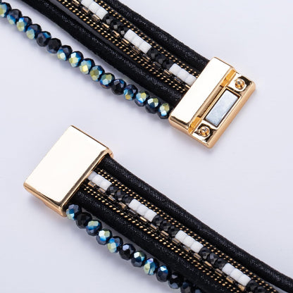 Leather Wrap Bracelets Crystal Beads Boho Cuff Stone Charm Bracelets with Clasp Costume Jewelry for Women