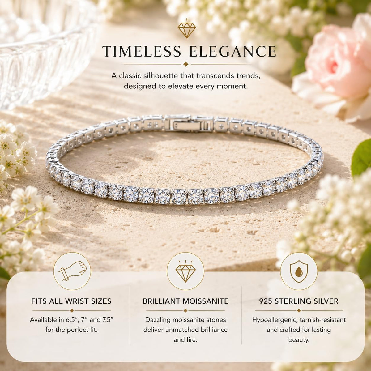 925 Sterling Silver Moissanite Tennis Bracelet for Women, 5.3 Carat Total Weight, D Color VVS1 Brilliant Moissanite Stones, 3Mm Classic Tennis Bracelet, GRA Certified, Available in 6.5 7 and 7.5 Inch Sizes