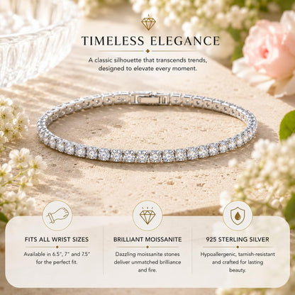 925 Sterling Silver Moissanite Tennis Bracelet for Women, 5.3 Carat Total Weight, D Color VVS1 Brilliant Moissanite Stones, 3Mm Classic Tennis Bracelet, GRA Certified, Available in 6.5 7 and 7.5 Inch Sizes