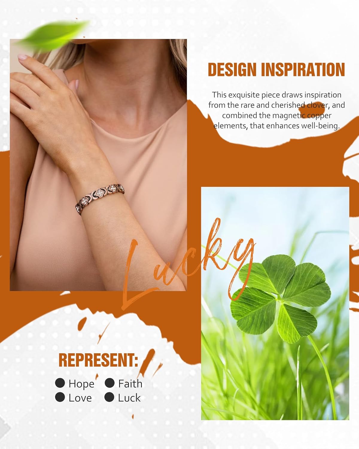 Pure Copper Bracelet for Women, Ultra Strength Magnetic Therapy Bracelets with 3800 Gauss Magnets，Four-Leaf Clover Jewelry