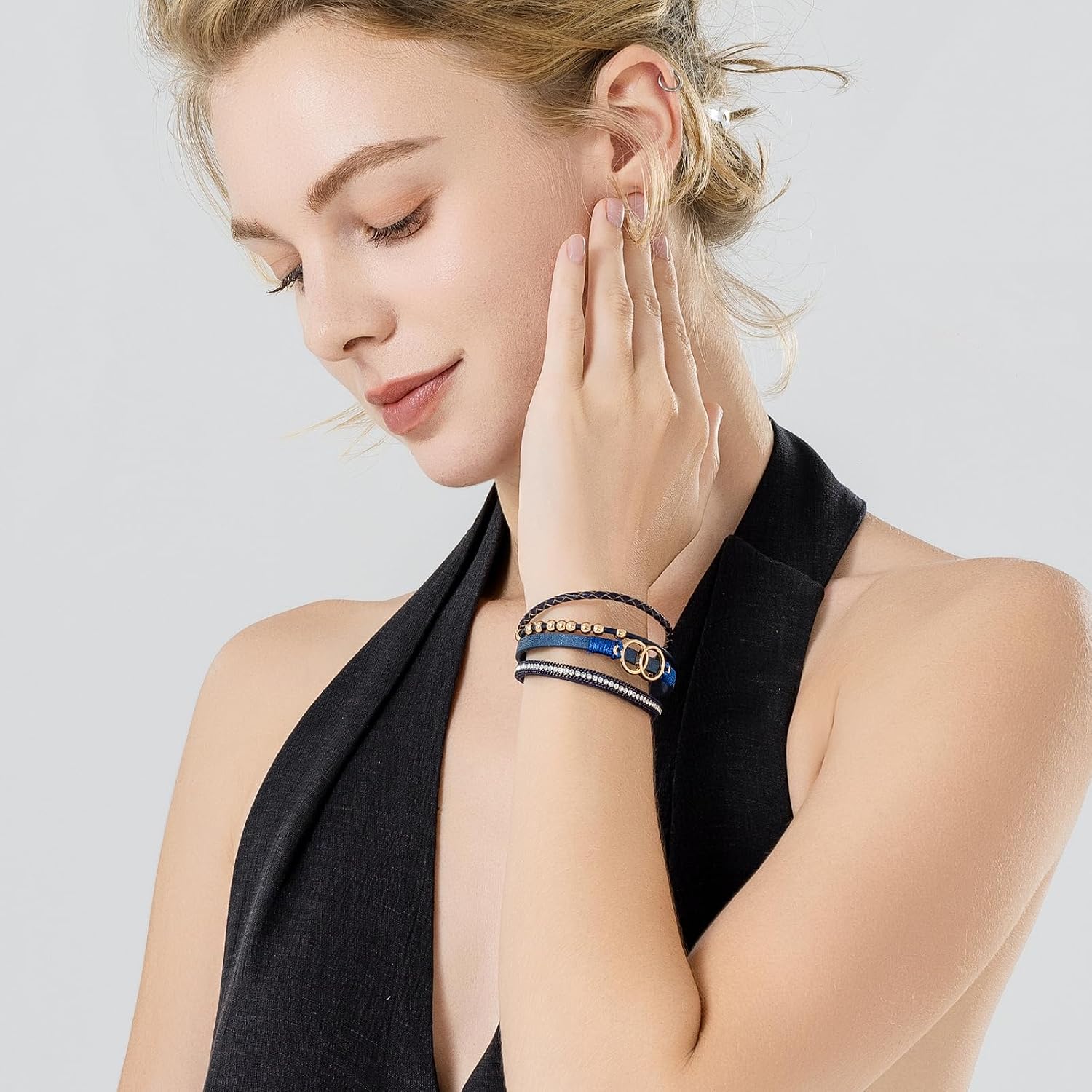 Boho Wrap Bracelets Leather Cuff Bangle Gold Beaded Bracelets for Women Stackable Infinity Bracelets Jewelry Gift Mom with Magnetic Clasp