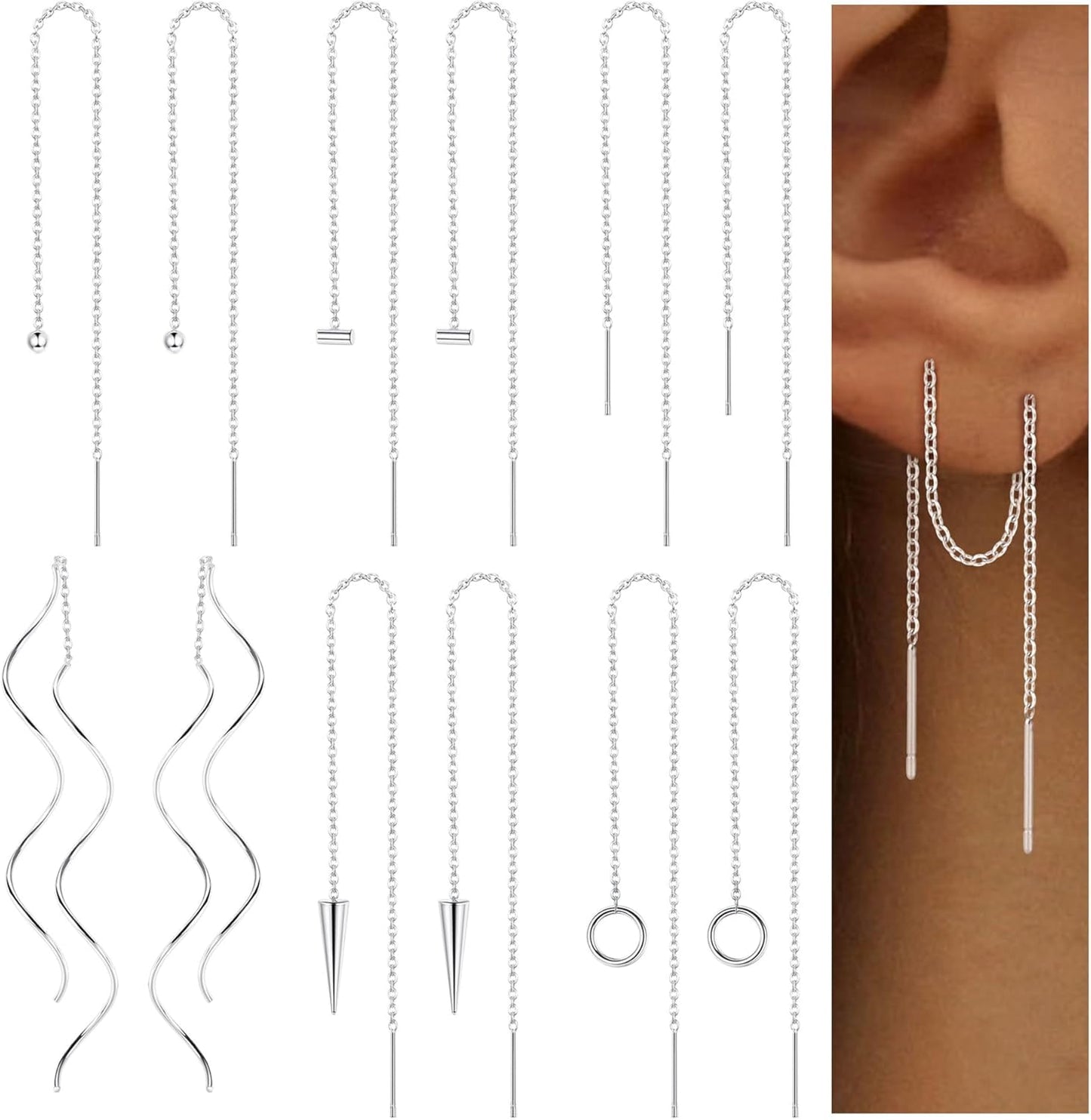 6 Pairs Stainless Steel Chain Tassel Earrings for Women Lightweight Wave Threader Ball Dangle Drop Minimalist Chain Earrings Set