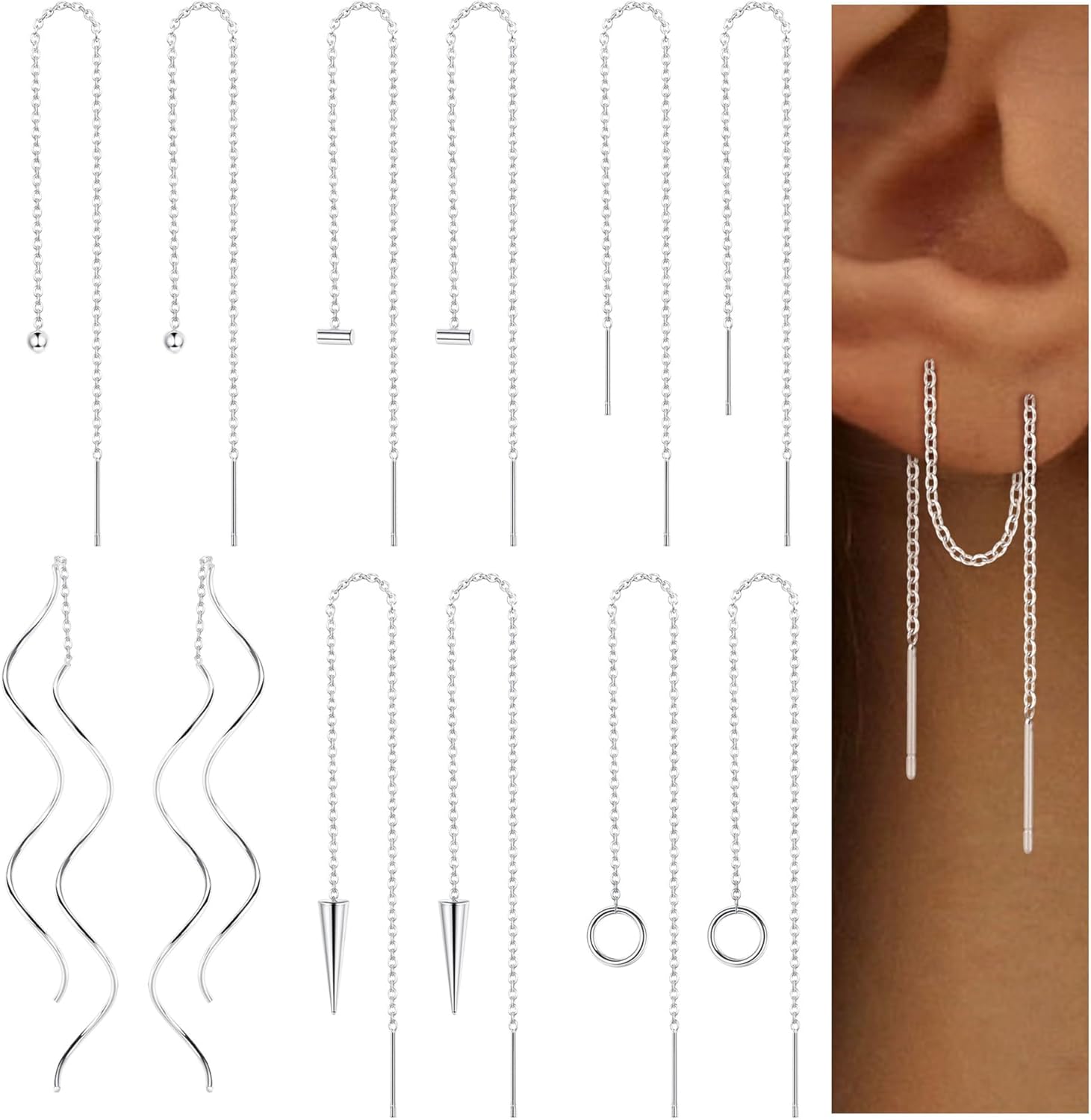 6 Pairs Stainless Steel Chain Tassel Earrings for Women Lightweight Wave Threader Ball Dangle Drop Minimalist Chain Earrings Set