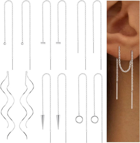 6 Pairs Stainless Steel Chain Tassel Earrings for Women Lightweight Wave Threader Ball Dangle Drop Minimalist Chain Earrings Set