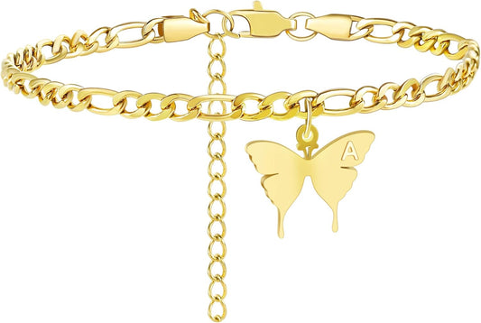 Ankle Bracelets for Women - Initial Butterfly Anklet for Women Stainless Steel Figaro Chain Summer Beach Waterproof Foot Jewelry Gifts, Gold/Silver