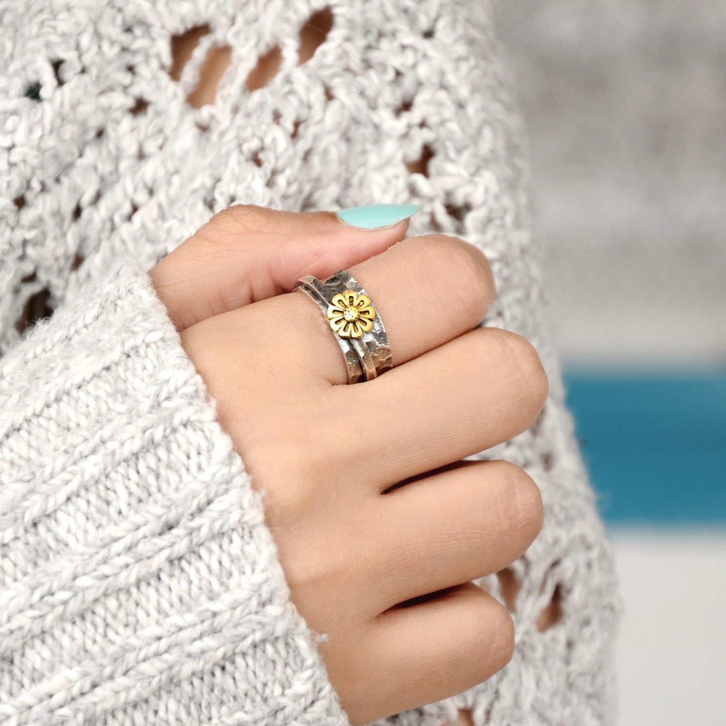 Sunflower Ring, Spinner Rings for Women 925 Sterling Silver and Brass Sunflower | Nature Wide Band Fidget Meditation Anxiety Jewelry