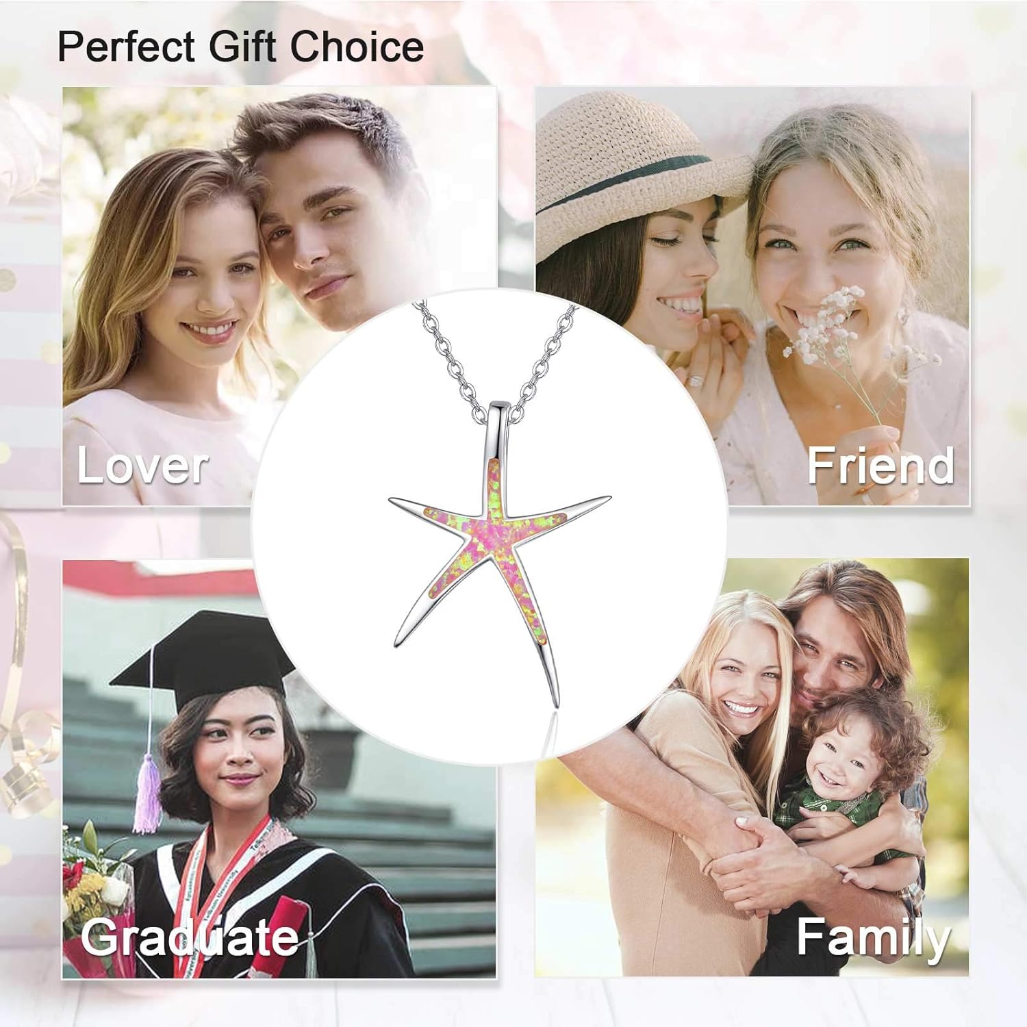 Starfish Necklace, 925 Sterling Silver with Opal, Hawaiian Beach Nautical Ocean Pendant, Starfish Jewelry Opal Jewelry Valentine for Women Girlfriend