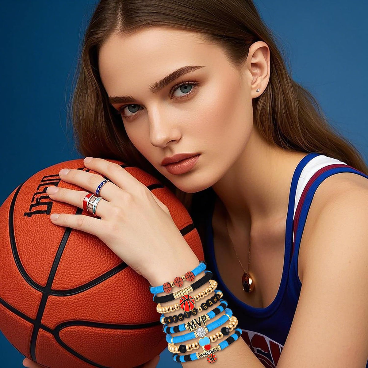 Blue & Black Basketball Beaded Friendship Bracelets: 8-Piece Set