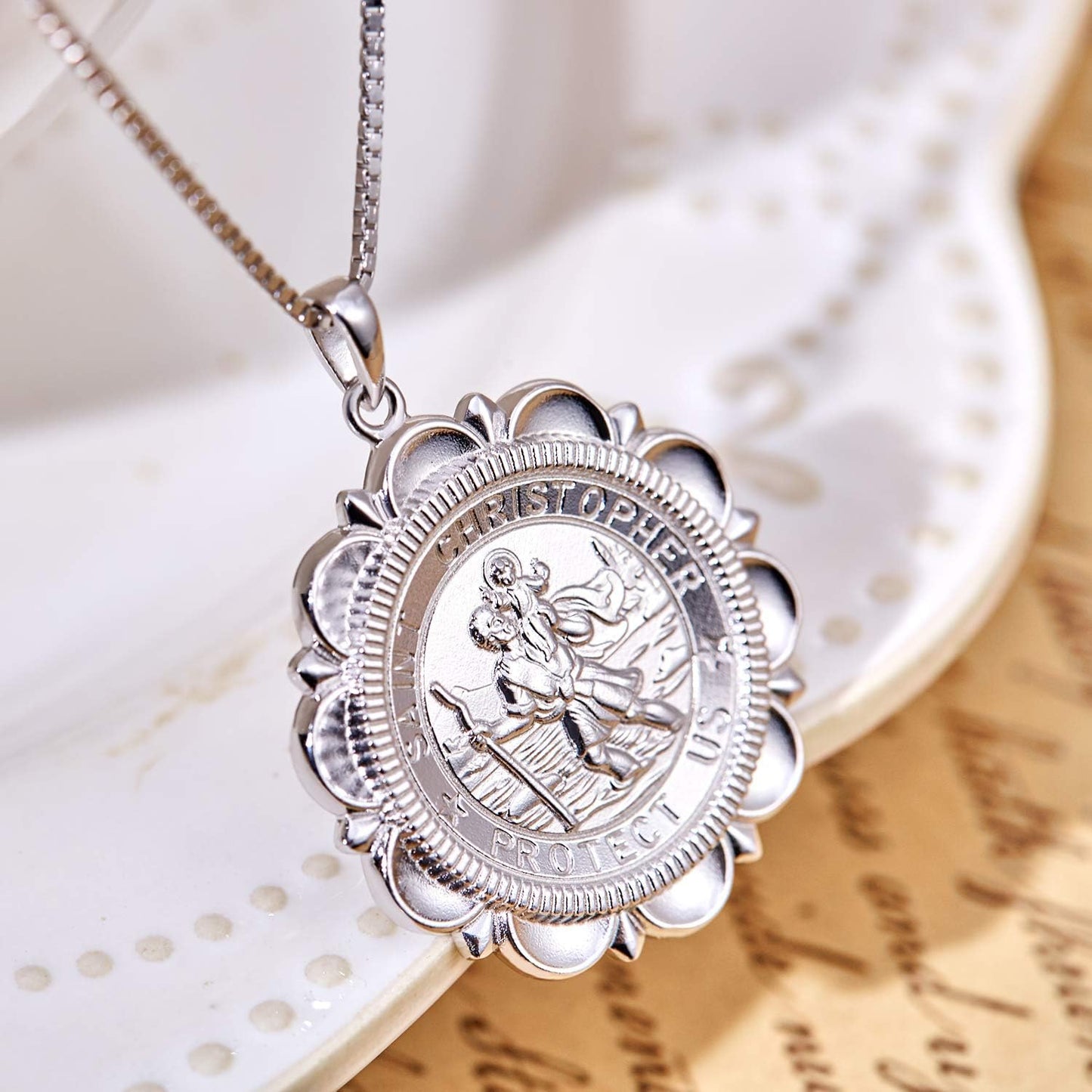 St Christopher Necklace Solid 925 Sterling Sliver Engraved Pendant round Religious Talisman Jewelry for Women