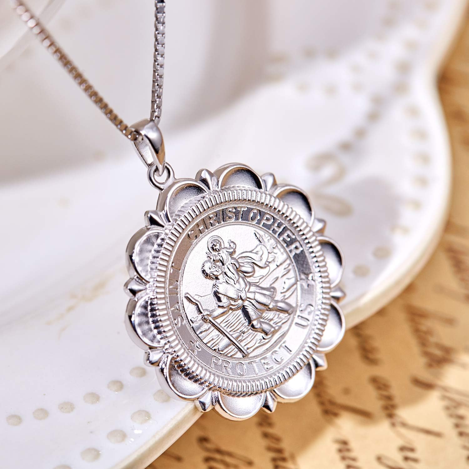 St Christopher Necklace Solid 925 Sterling Sliver Engraved Pendant round Religious Talisman Jewelry for Women