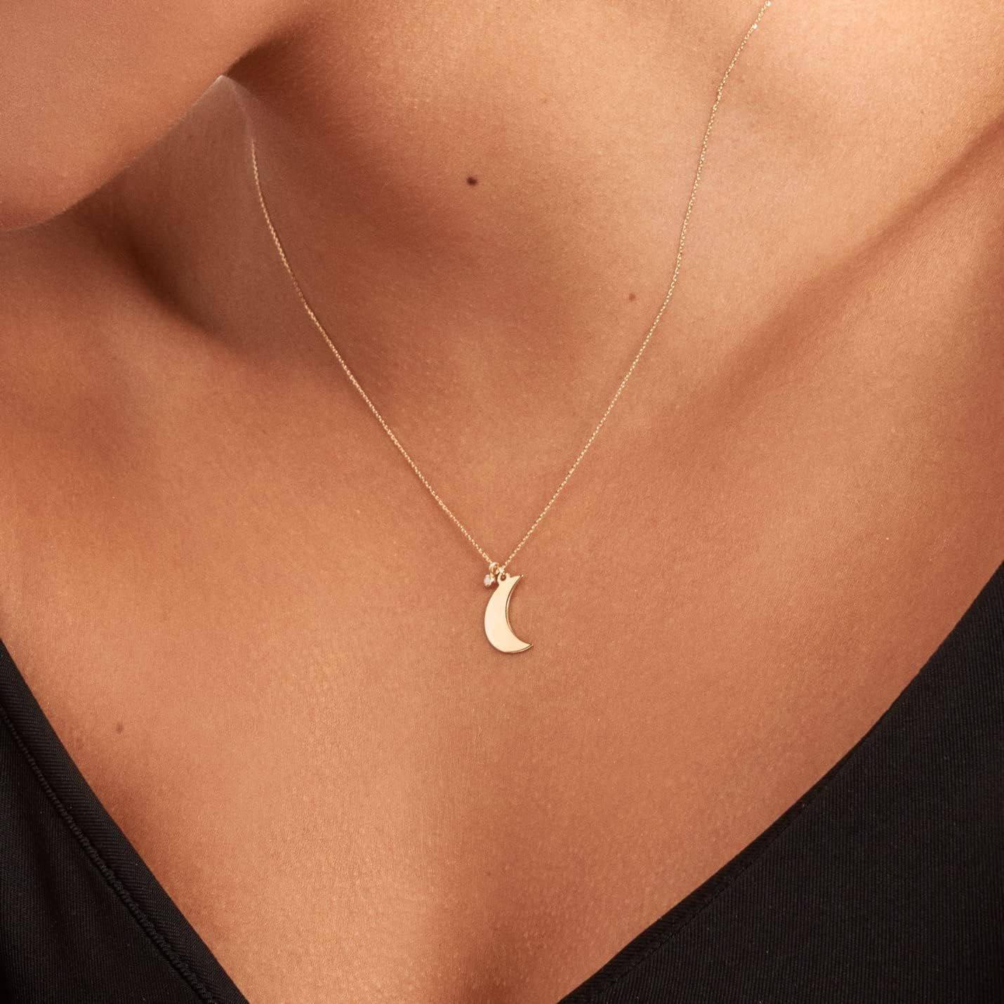 14K Solid Gold Diamond Half Moon Necklace for Women