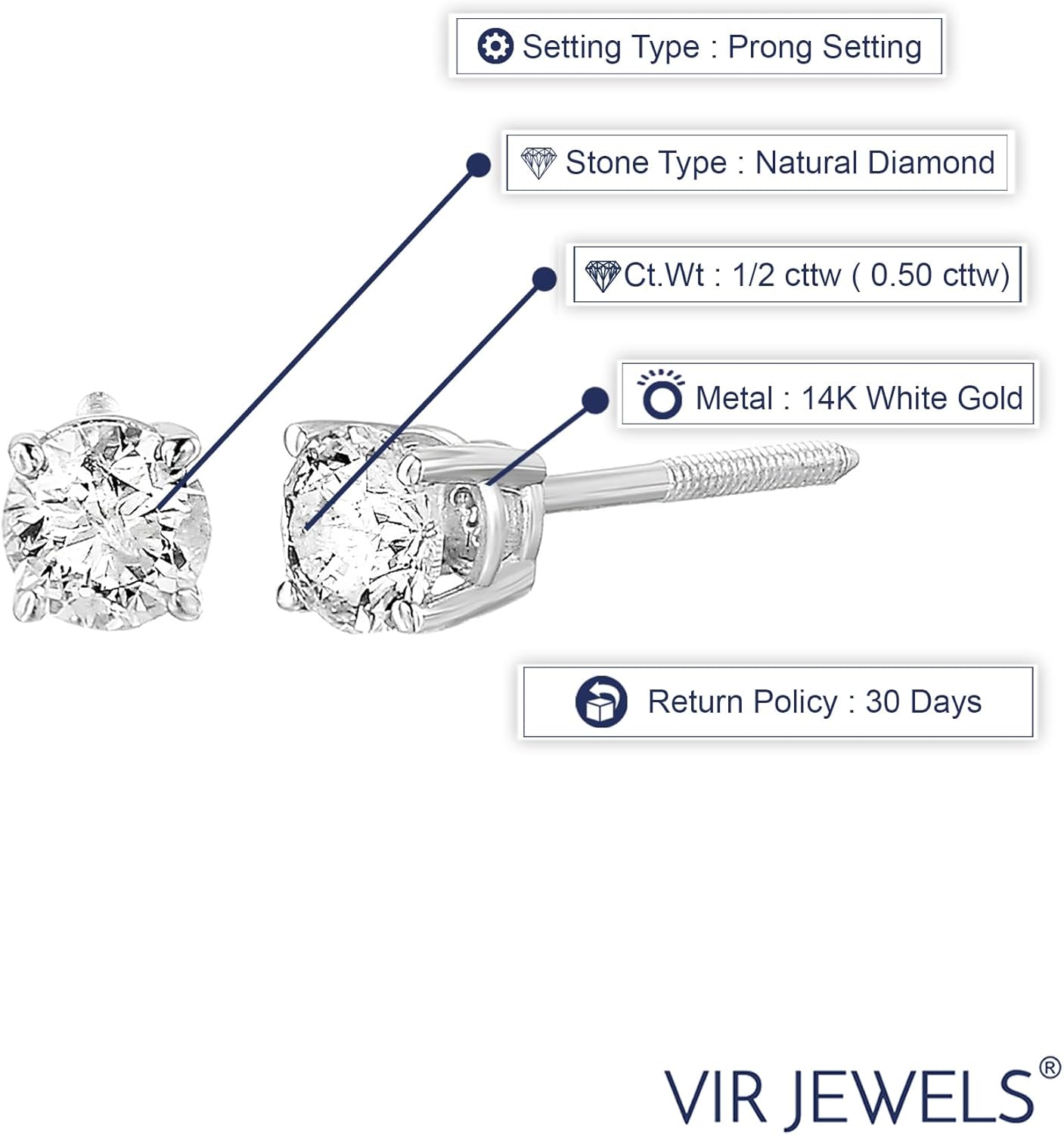 1/4 to 2 Cttw Diamond Stud Earrings 14K White Gold round 4 Prong Set Screw Backs