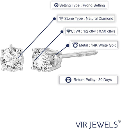 1/4 to 2 Cttw Diamond Stud Earrings 14K White Gold round 4 Prong Set Screw Backs