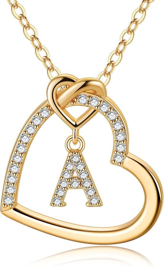 Heart Initial Necklaces for Girls Teen Women, 14K Gold Plated Cubic Zirconia Heart Pendant Necklace, Dainty Initial Heart Necklace Letter a - Z Jewelry Gifts for Girls Women