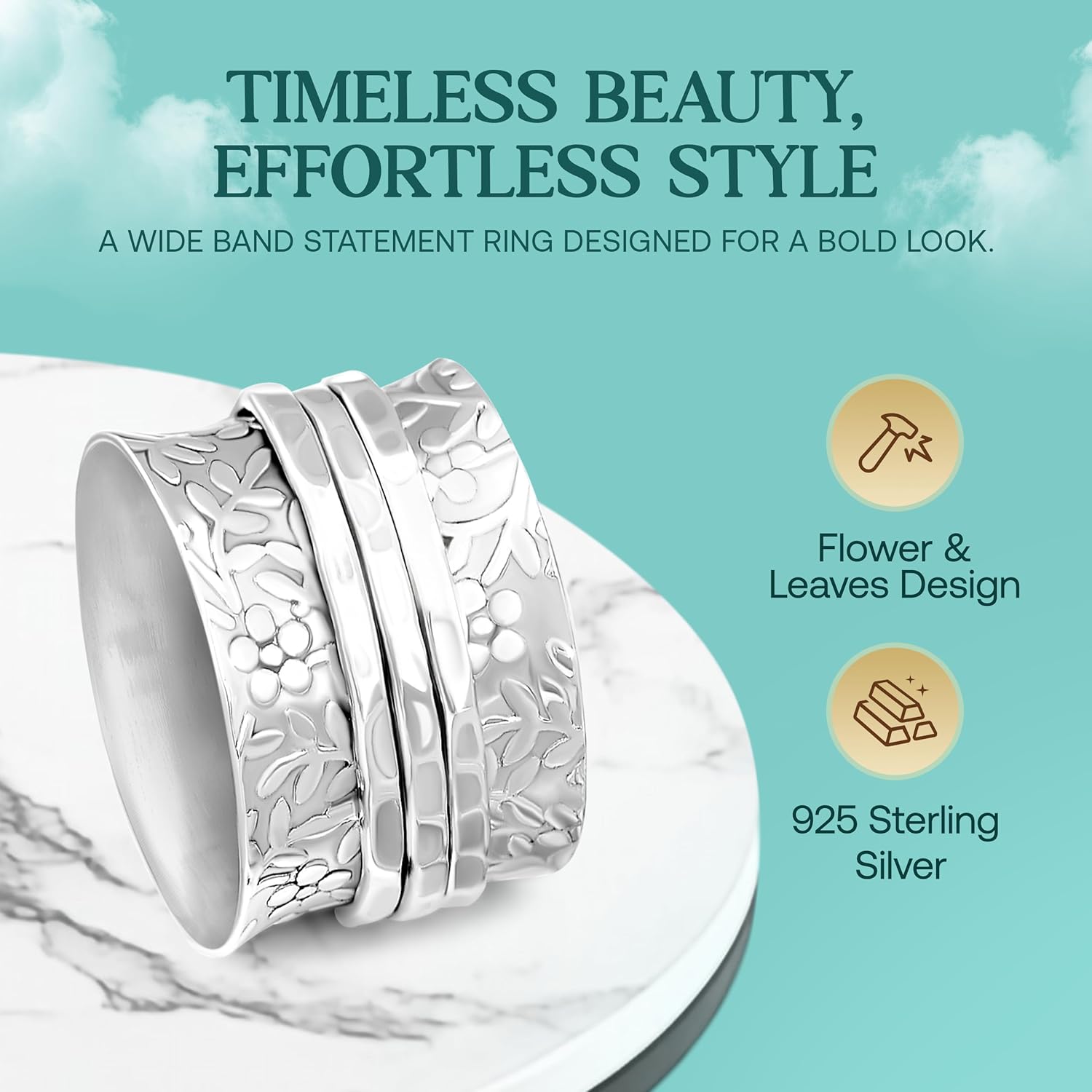 Sterling Silver Spinner Ring for Women – 925 Spinning Ring Band – Wide Band Silver Fidget Rings for Women - for Meditation, Relaxation & Comfort