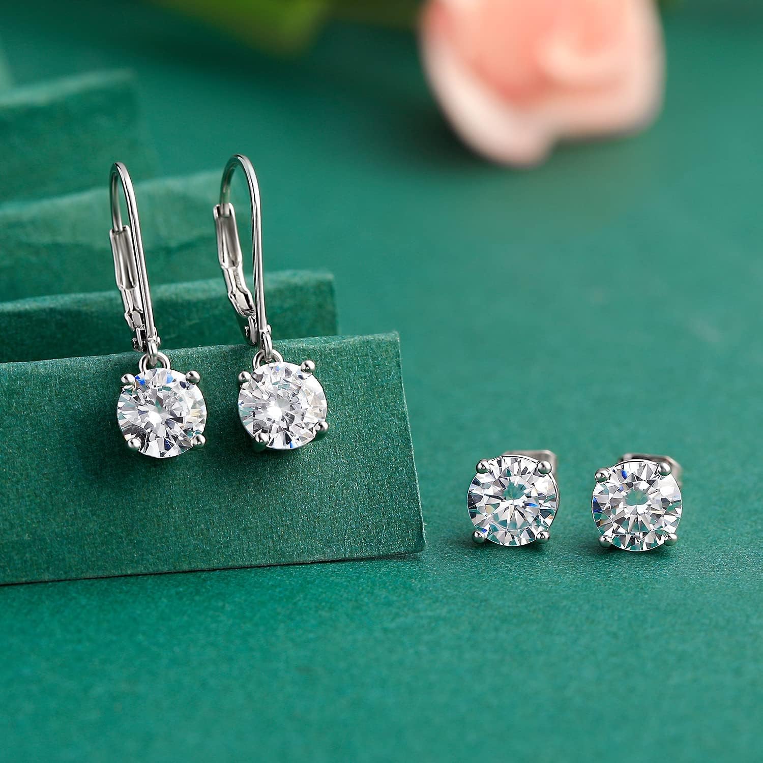 18K White Gold Plated round Princess Cut Clear Cubic Zirconia Tear Drop Dangle Earrings for Women Hypoallergenic