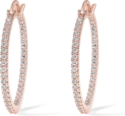 14K Gold Plated 925 Sterling Silver Post Cubic Zirconia Hoop Earrings 30/15Mm