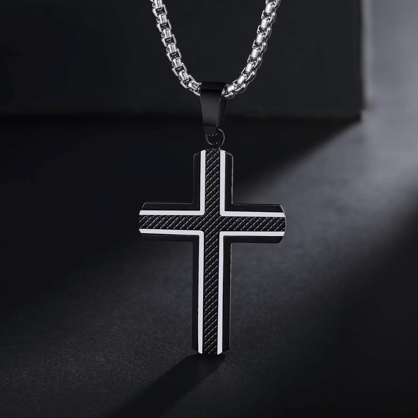 Men'S Stainless Steel Cross Necklace,Two-Tone Black & Blue Carbon Fiber Pendant - Included Gift Box