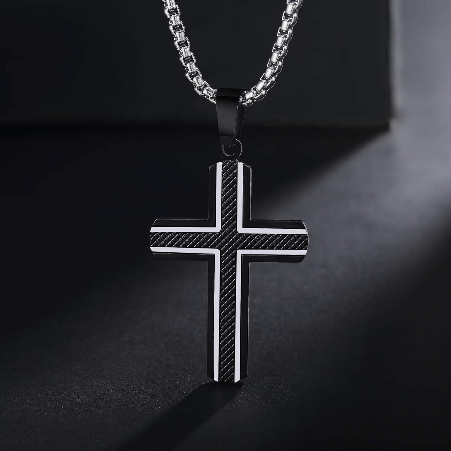 Men'S Stainless Steel Cross Necklace,Two-Tone Black & Blue Carbon Fiber Pendant - Included Gift Box