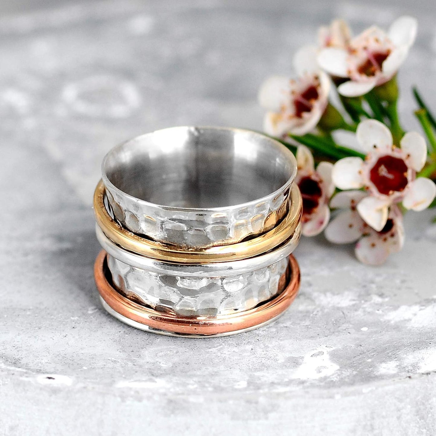 925 Sterling Silver Spinner Moonstone Ring for Women with Copper and Brass Fidget Rings Bands