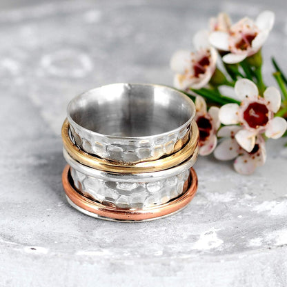 925 Sterling Silver Spinner Moonstone Ring for Women with Copper and Brass Fidget Rings Bands