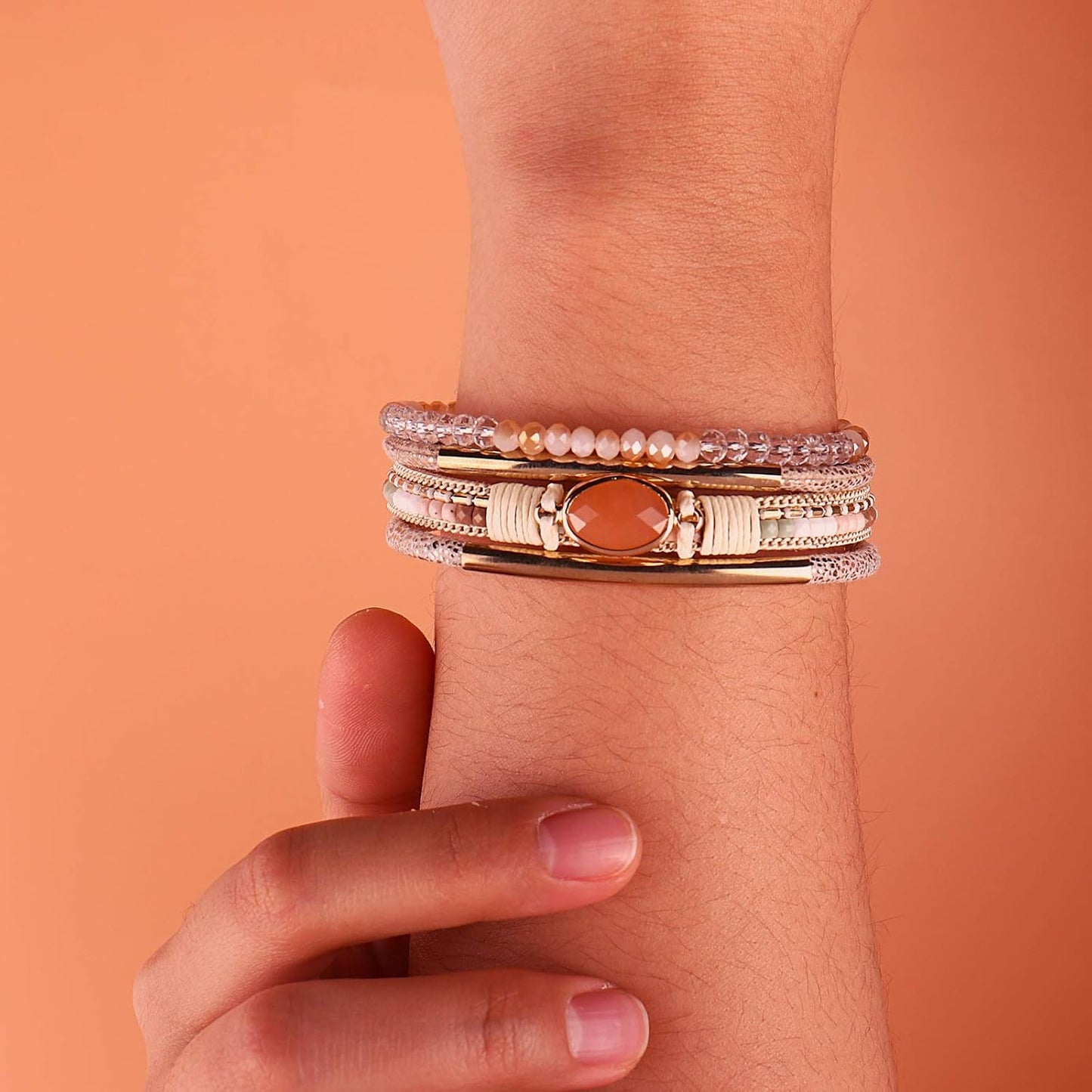 Leather Wrap Bracelets Crystal Beads Bracelet Boho Cuff Stone Charm Bracelets with Clasp Costume Jewelry for Women