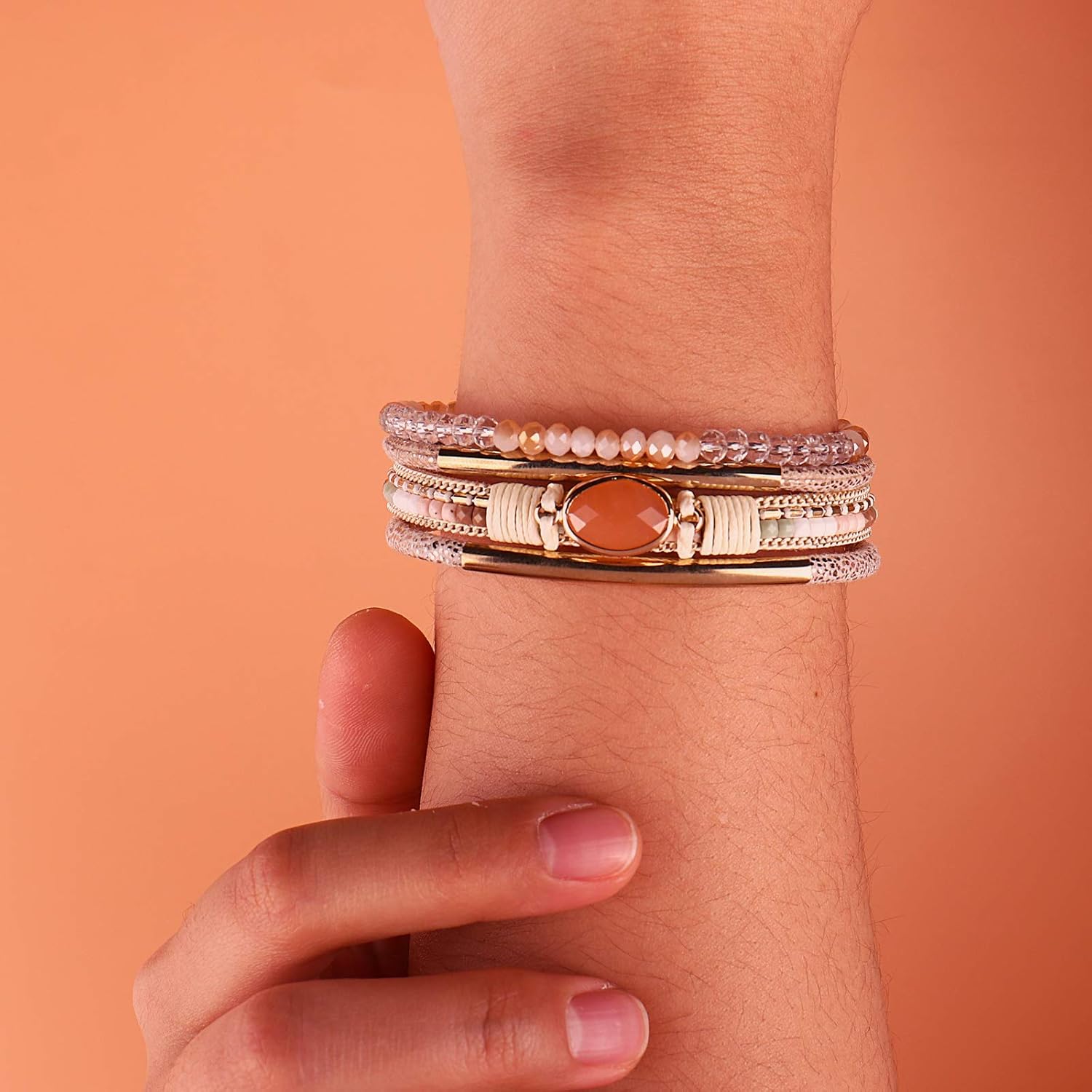 Leather Wrap Bracelets Crystal Beads Bracelet Boho Cuff Stone Charm Bracelets with Clasp Costume Jewelry for Women