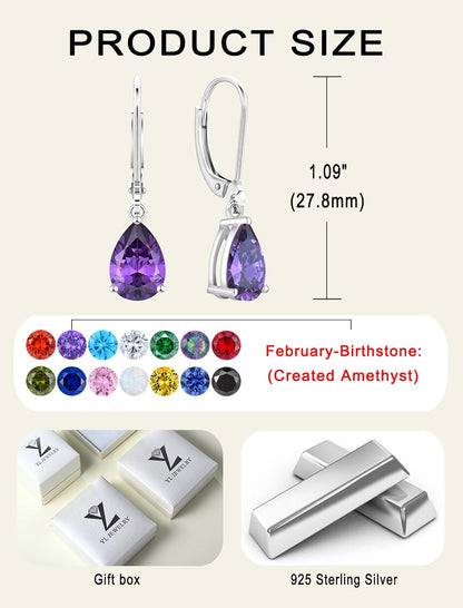 925 Sterling Silver Teardrop Dangle Drop Earrings for Women 7X10 MM Solitaire Birthstone Leverback Jewelry