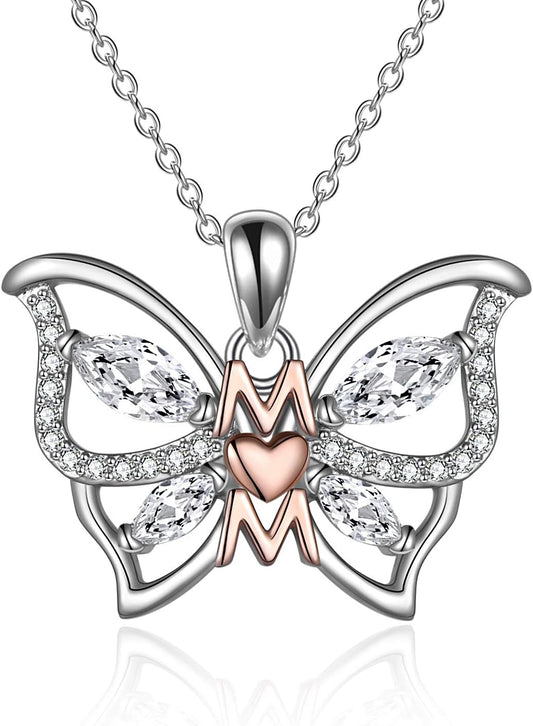 Gifts for Mom Sterling Silver Mom Necklaces Heart Butterfly Pendant Mother Gifts from Daughter Son Birthday for Mom Women
