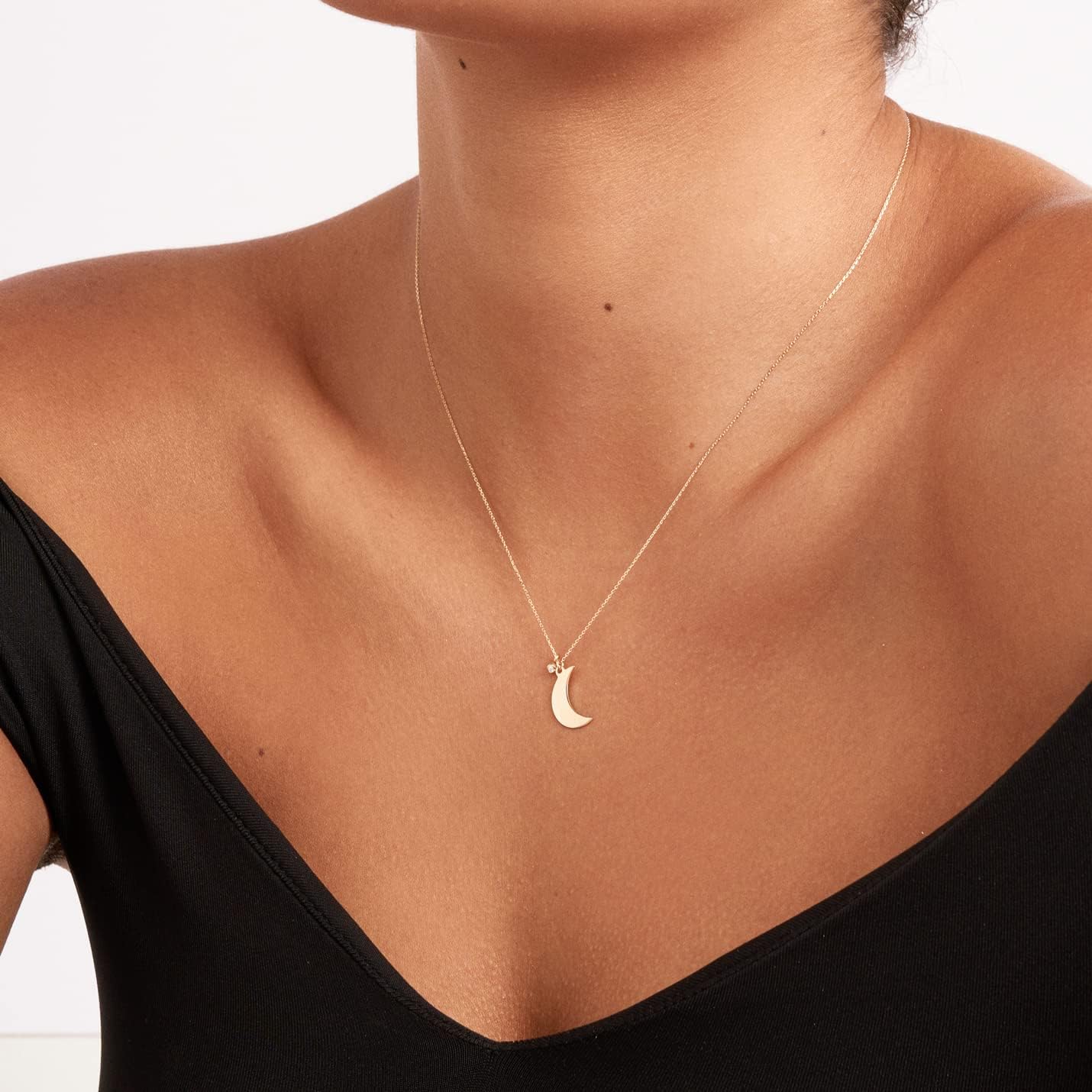 14K Solid Gold Diamond Half Moon Necklace for Women