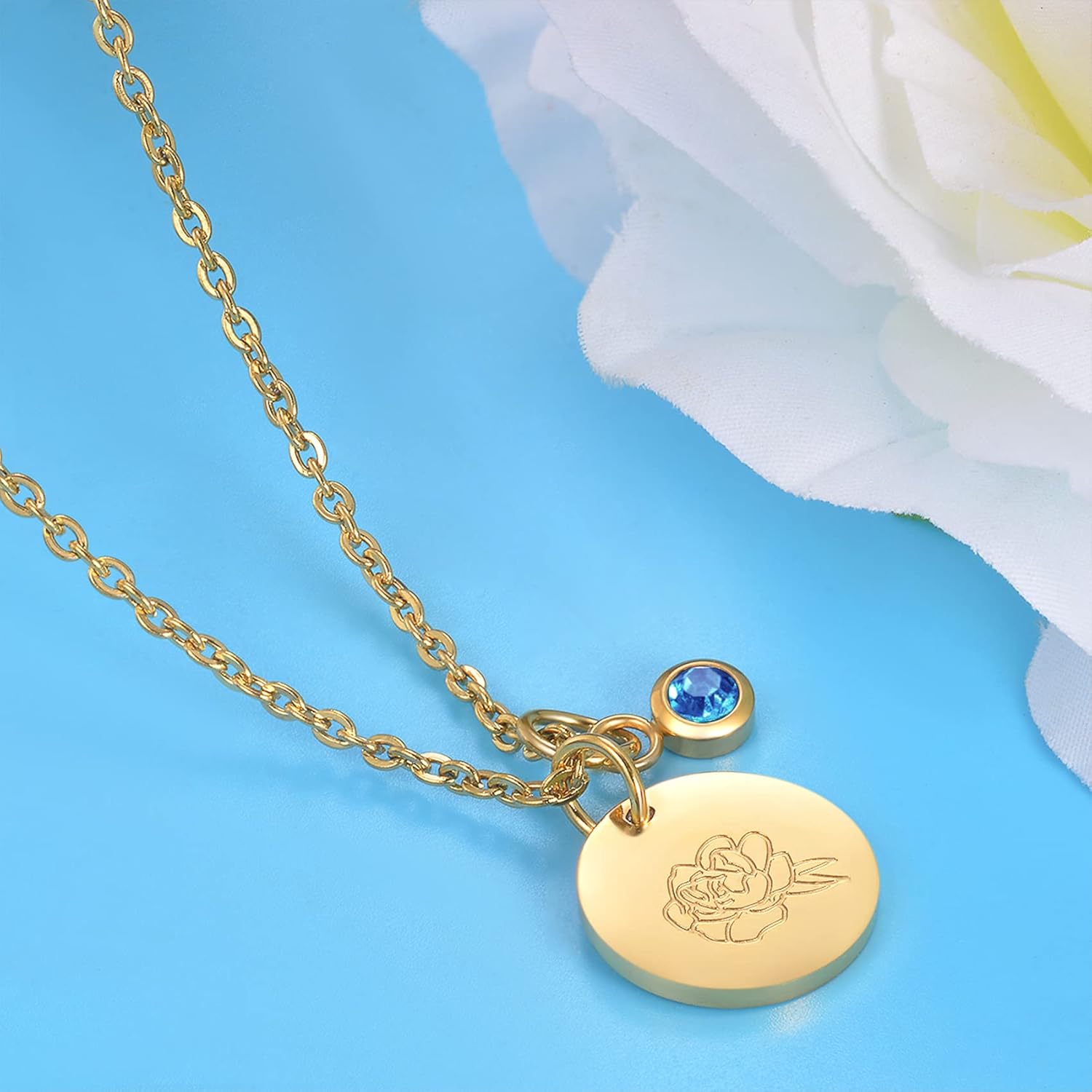 Birthday Gifts for Her Birth Flower Necklaces, 18K Gold Plated Dainty Birth Month Floral Birthstone Disc Coin Pendant Necklaces | Women Wildflower Jewelry Gifts for Valentines Anniversary