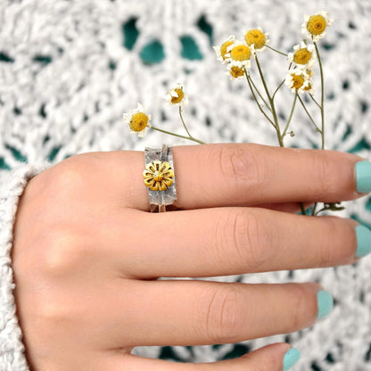Sunflower Ring, Spinner Rings for Women 925 Sterling Silver and Brass Sunflower | Nature Wide Band Fidget Meditation Anxiety Jewelry