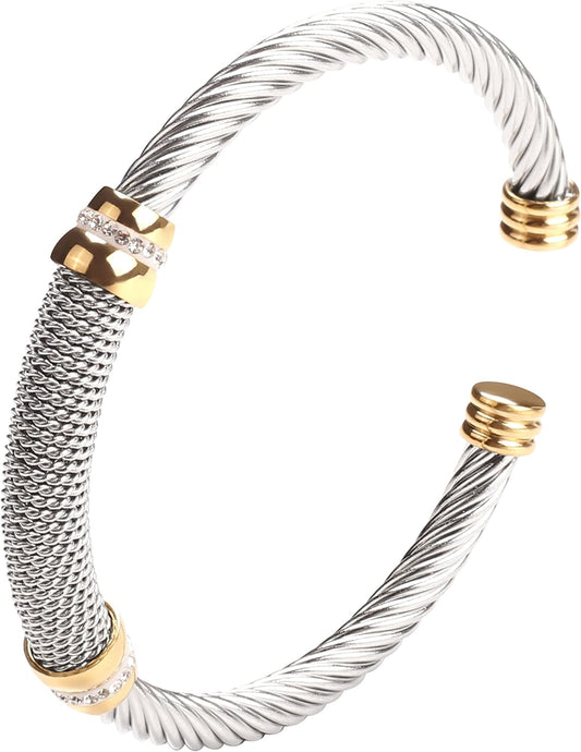 Cable Bracelet for Women Cuff Twisted Wire Vintage Ladies Bangle Bracelets Elastic Adjustable Stainless Steel Jewelry with Gift Box