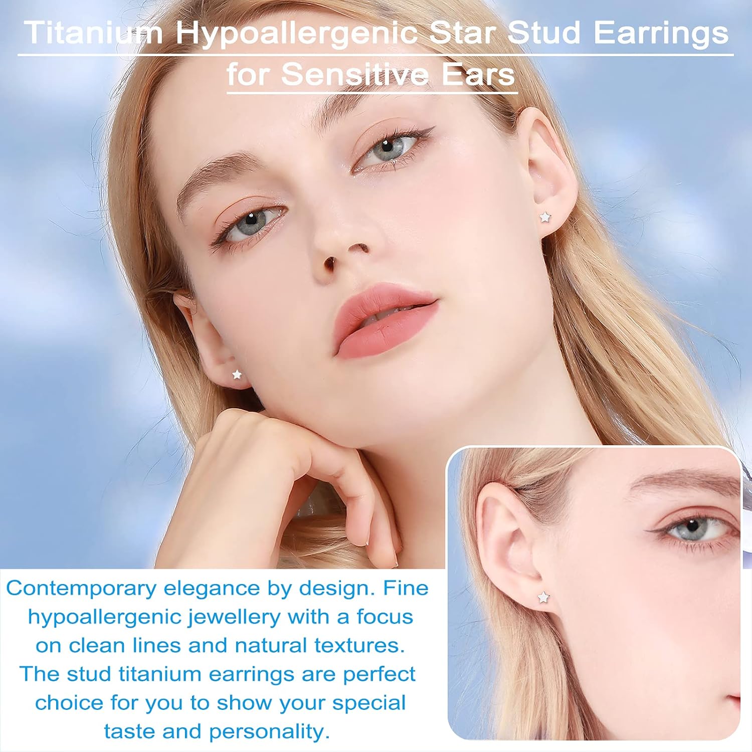 Titanium Earrings, Hypoallergenic Stud Earrings for Women Men Sensitive Ears Star/Moon/Lightning Bolt/Open Heart Premium High Polished (Shiny Grey)