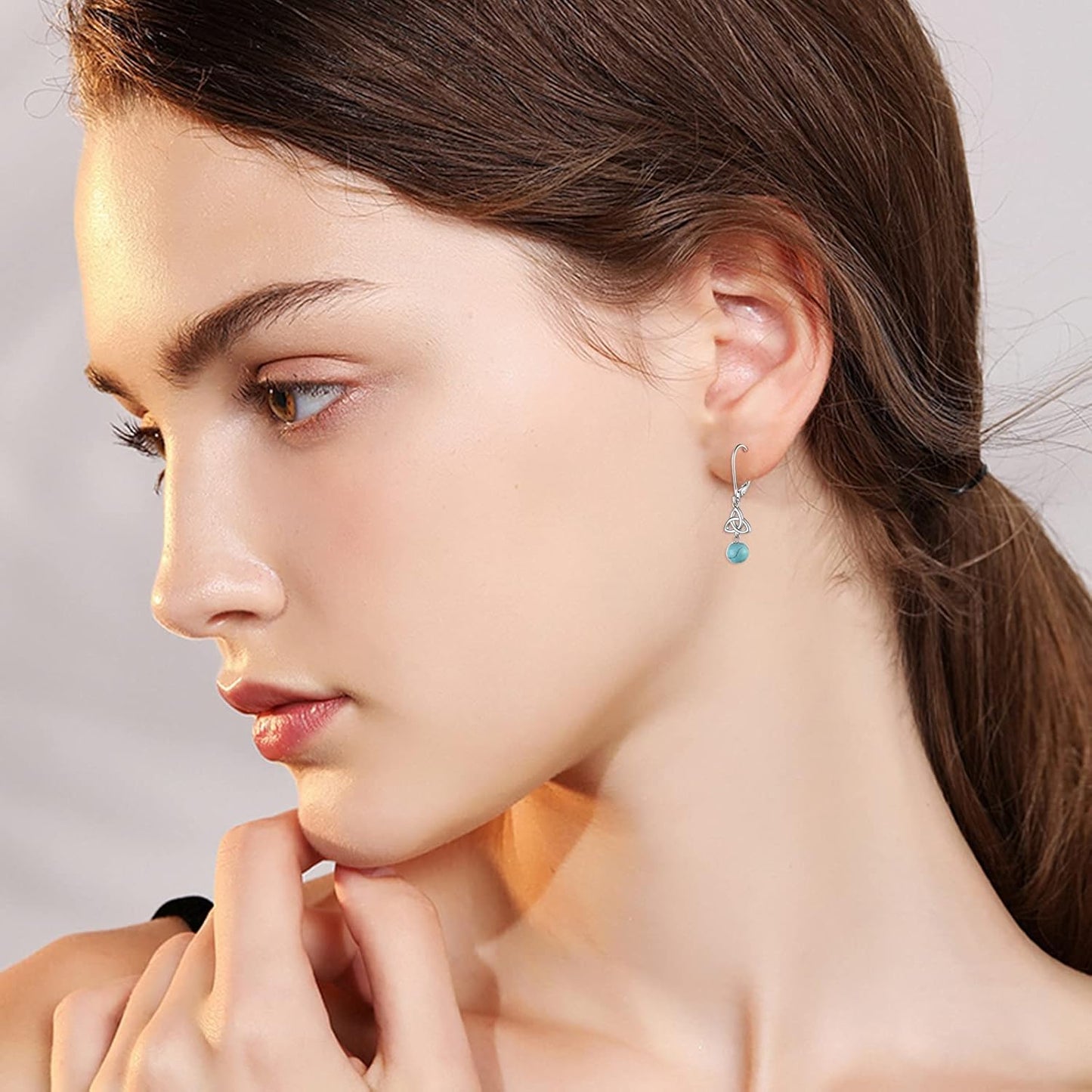 Celtic Turquoise Earrings Sterling Silver Triquetra Celtic Knot Turquoise Dangle Drop Leverback Earring for Women Jewelry