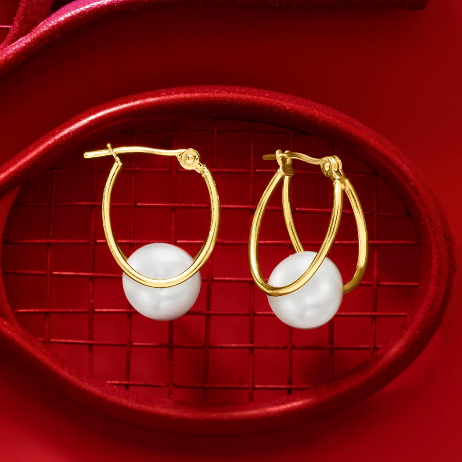 8-9Mm Cultured Pearl Double-Hoop Earrings in 14Kt Yellow Gold. 3/4