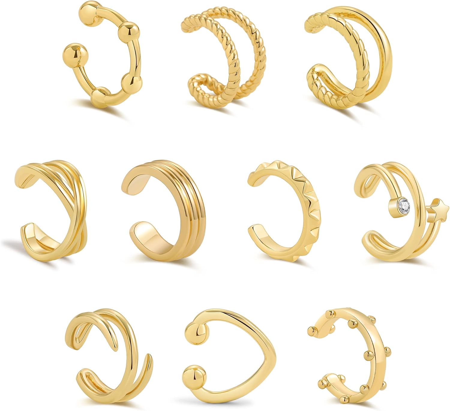 10Pcs Sparkling Ear Cuff Pack Gold Dainty Helix Earrings Huggie Stud Cuff Earrings for Women Earring Set | Clip on Cartilage Non Pierced