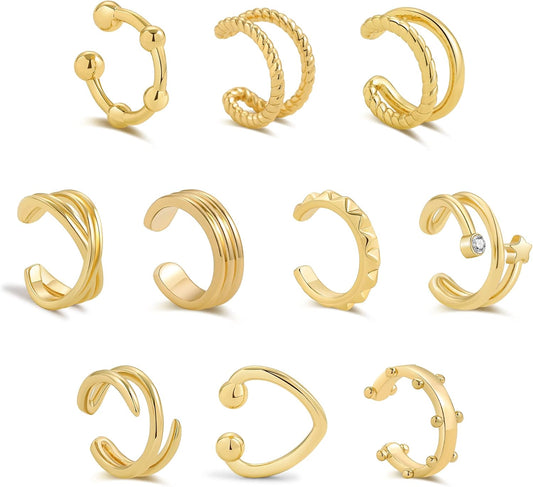 10Pcs Sparkling Ear Cuff Pack Gold Dainty Helix Earrings Huggie Stud Cuff Earrings for Women Earring Set | Clip on Cartilage Non Pierced