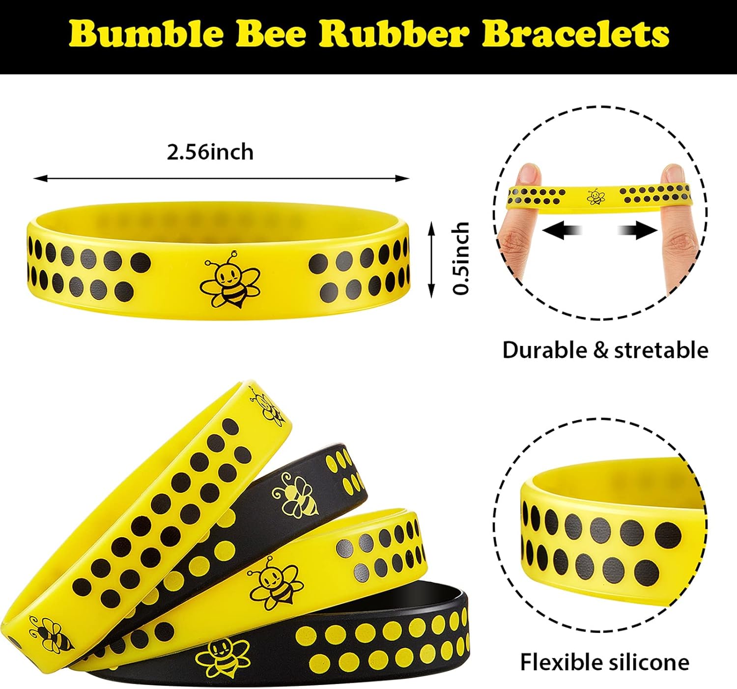 60 Pieces Bee Rubber Bracelets Bulk Bee Theme Party Favors Silicone Wristbands Black and Yellow Color Stretch Bracelets for Boy Girl Costume Accessories Birthday Baby Shower Party Supplies