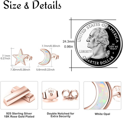 925 Sterling Silver Moon Star Sun Earrings, Opal Celestial Studs Earrings Delicate Moon Star Sun Earrings Jewelry Birthday Graduation Gift for Women