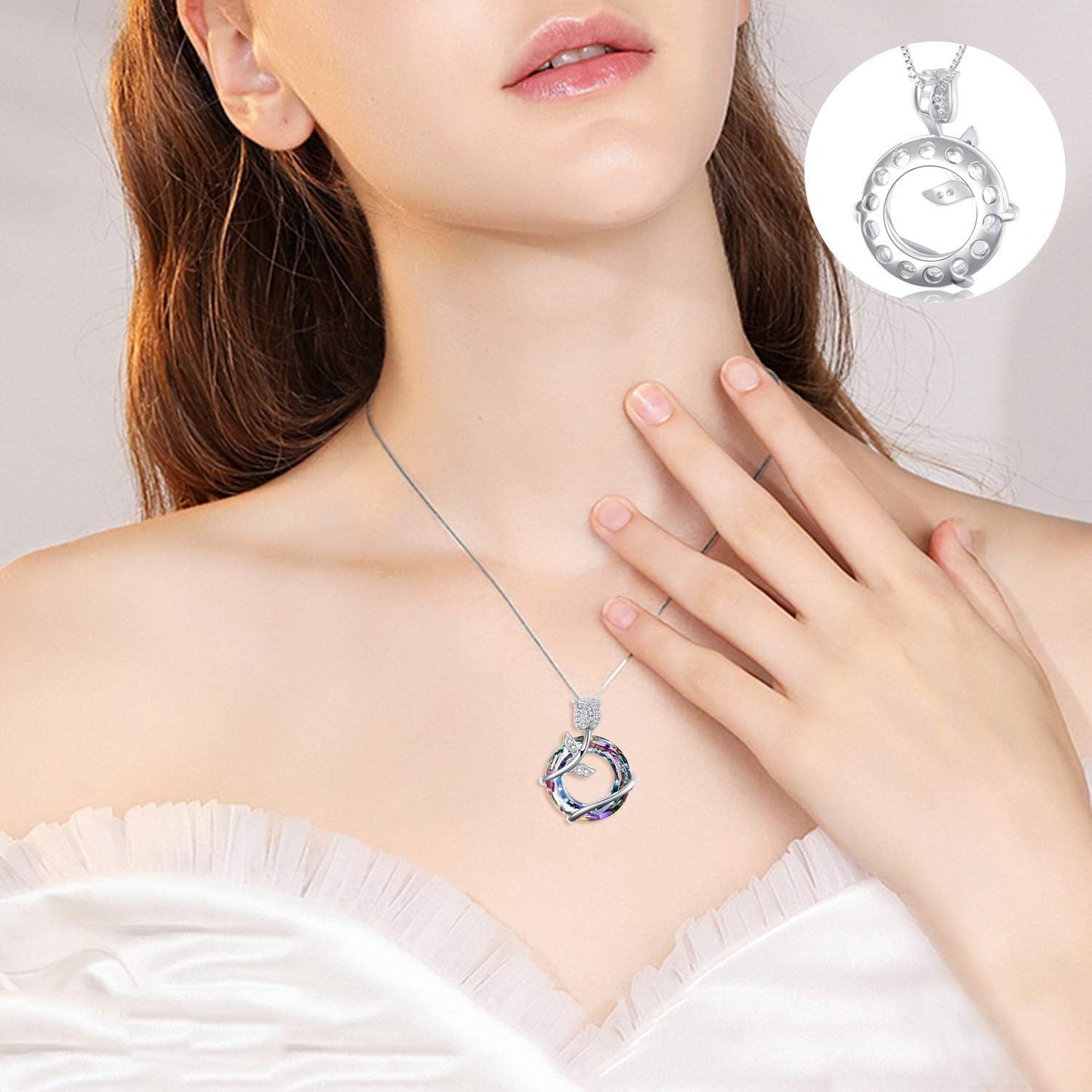 Sterling Silver Rose Flower Butterfly Necklaces for Women Crystals Pendant Jewelry Birthday Gift for Wife Girlfriend Girls Grandmother