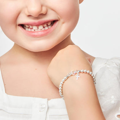 Elegant Sterling Silver Cross Charm Baptism Bracelet - Baptism Gifts for Girl with White Simulated Pearls and European Crystals, Girls Jewelry, Bracelets for Girls