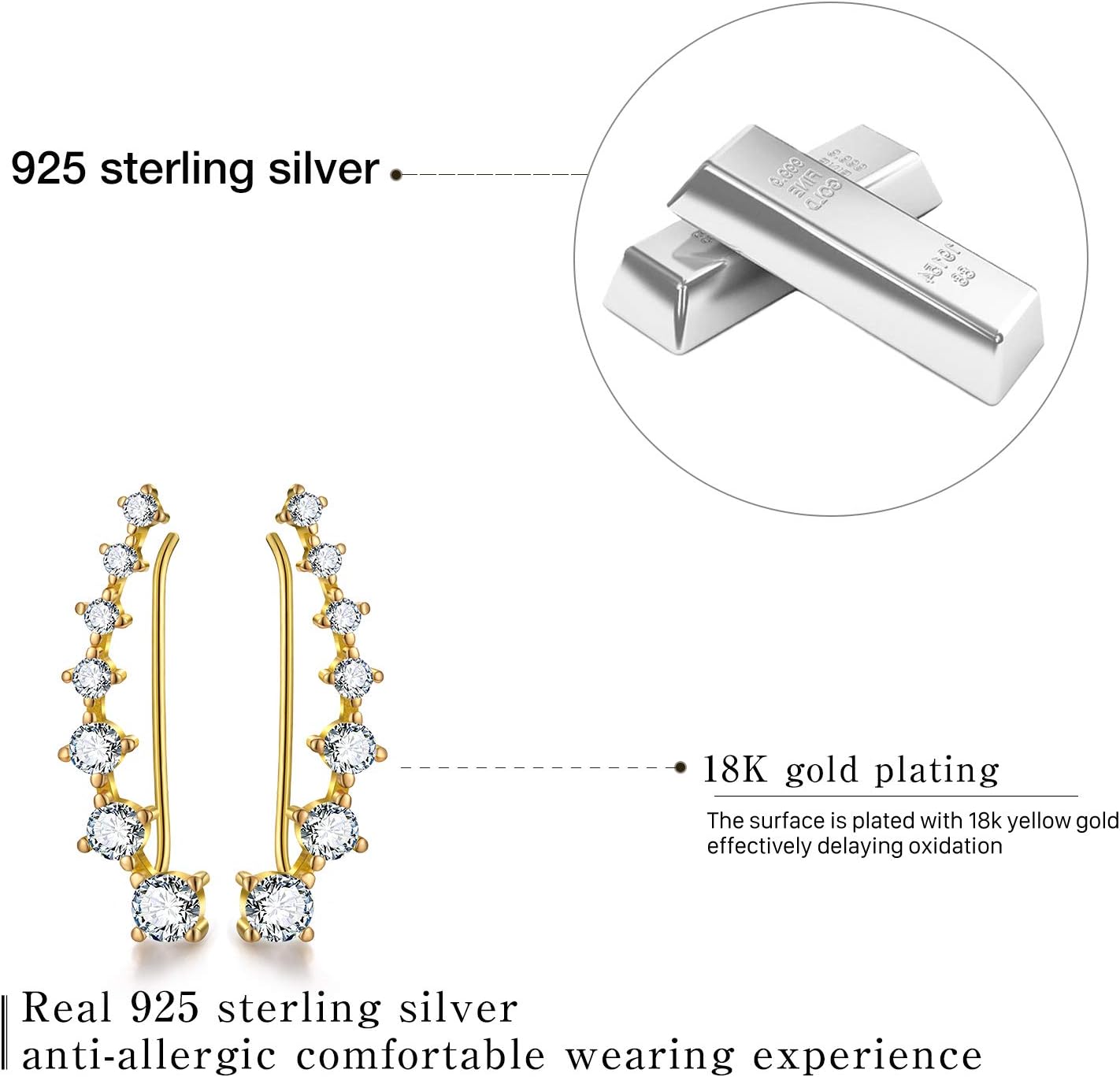 18K Gold Plating S925 Sterling Silver CZ Simulated Diamond Ear Crawler Cuff Earrings Climber Jackets Cubic Zirconia Earrings for Women.